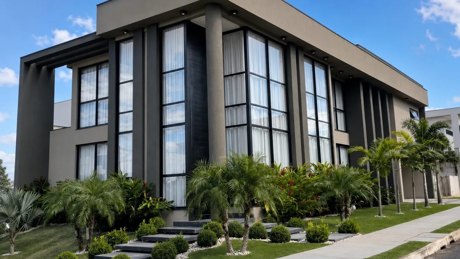 Fachada de residência de alto padrão com esquadrias de alumínio e vidro W System